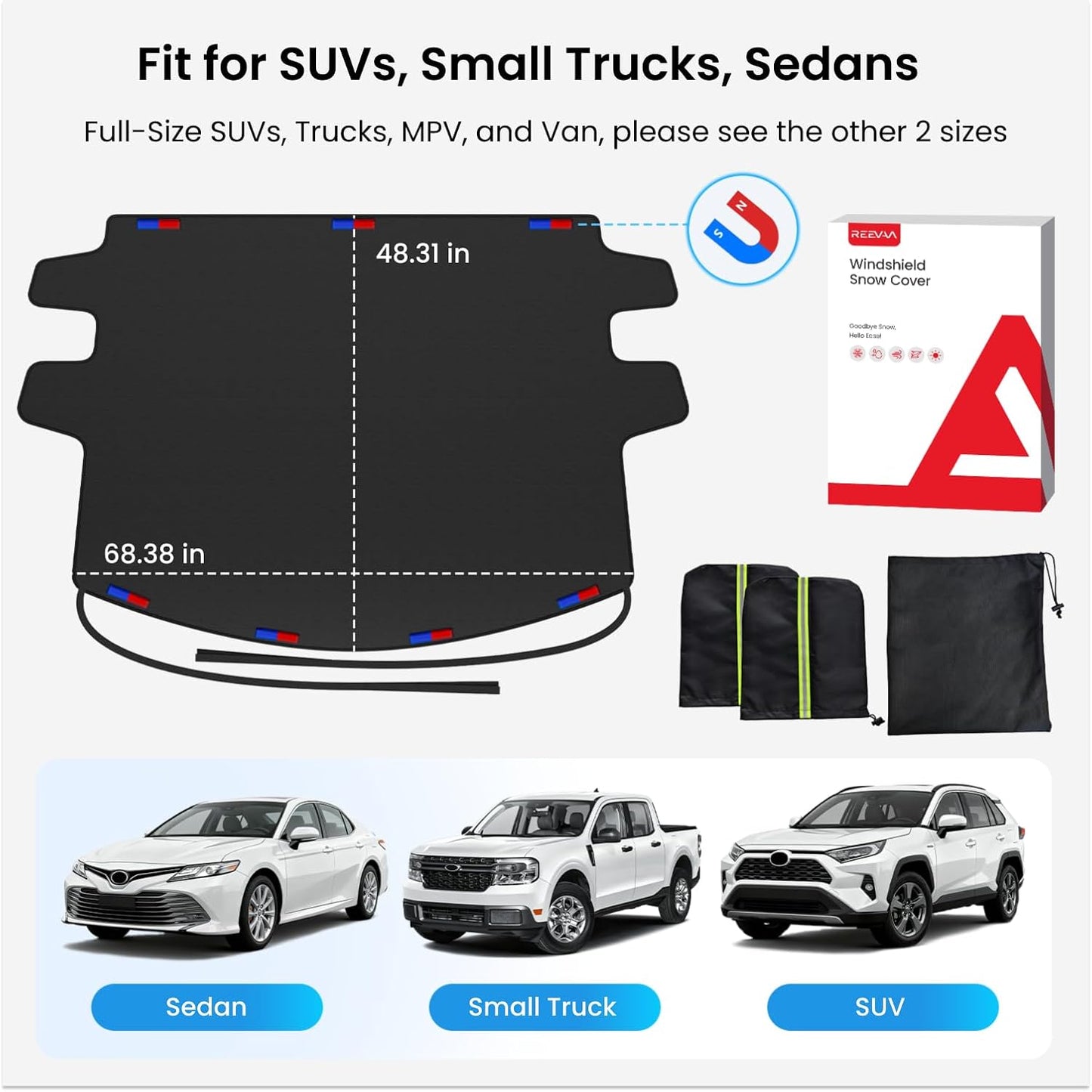 Upgraded Car Windshield Cover for Ice & Snow [All-Weather Protection] Magnetic Fit Weatherproof Frost Cover, Car Winter Accessories, Fit for Suvs, Trucks, Cars - Medium (69''X48'')